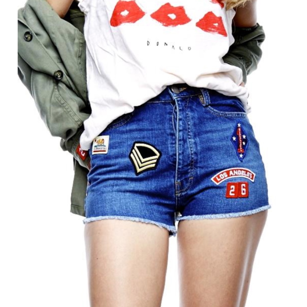 NWT. Etienne Marcel LA + Dark Blue Denim Patches Shorts